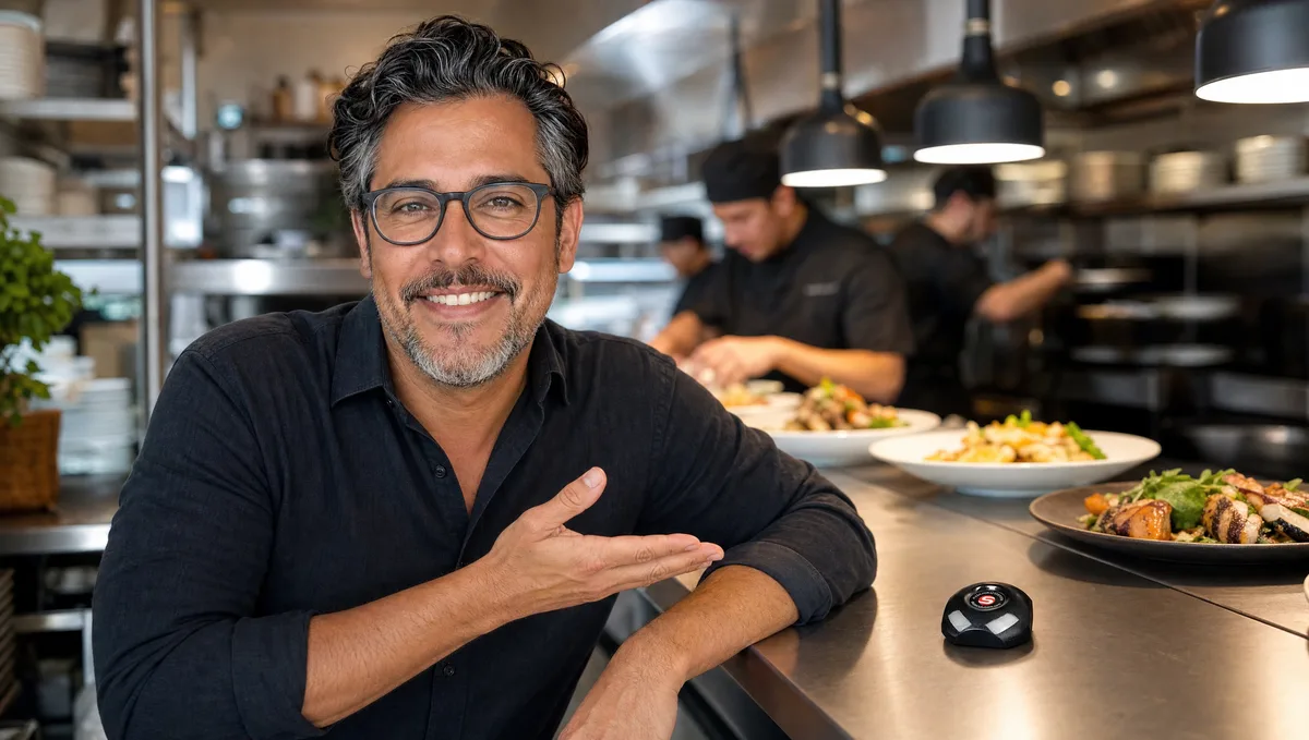 Chef presionando el botón de llamada en la cocina con el platillo listo