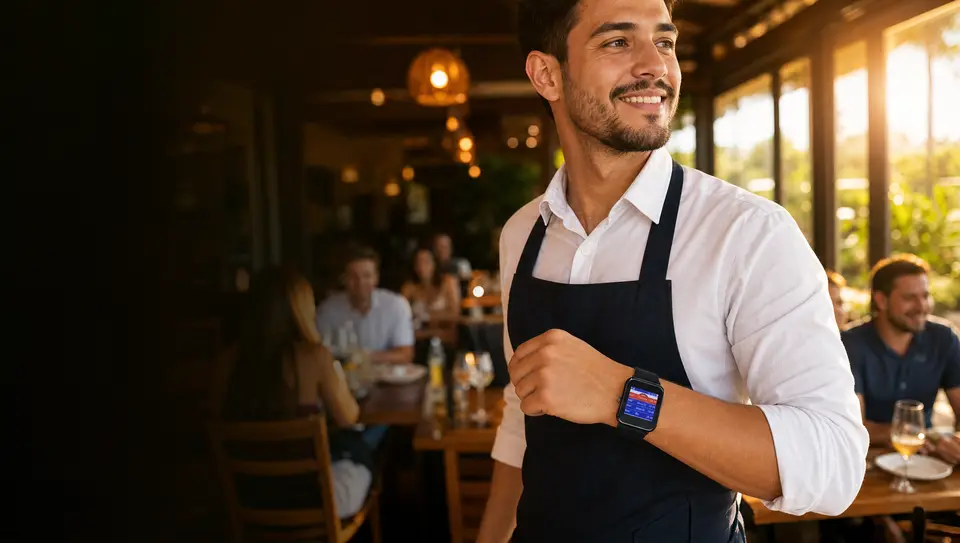 Mesero con el reloj Smart Call en la muñeca en un restaurante